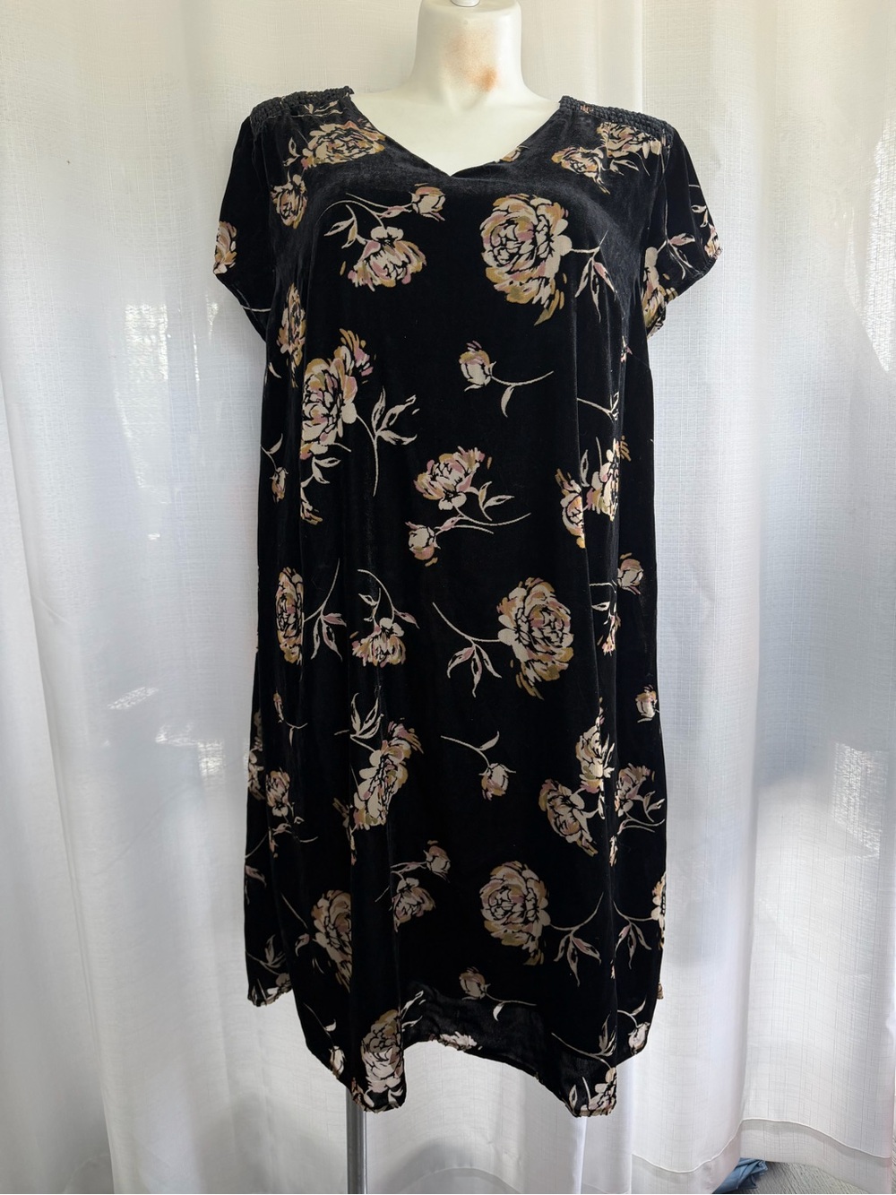 Pure Jill Elements Black Velvet Floral Midi Dress XL Boho Romantic Feminine